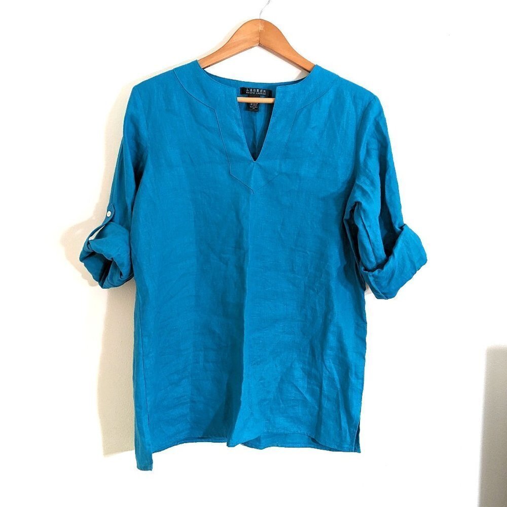 New LRL 100% Linen Roll Tab Long Sleeve V-neck Tunic Top Teal Size M